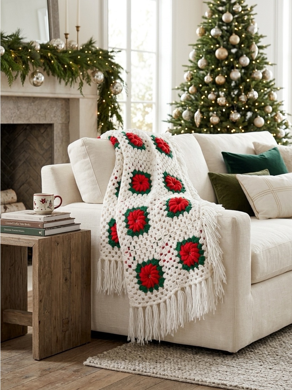 Handmade Crochet Afghan 3D Poinsettia Granny Square Red White 79x74